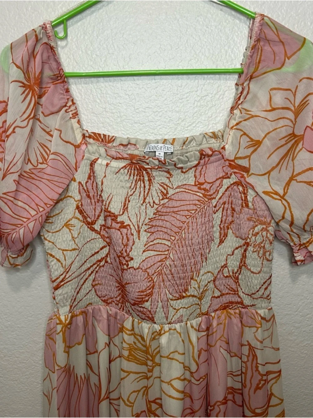 Patrons of Peace Pink Floral Shirred Cottagecore Maxi Dress Puff Sleeve Medium - Picture 6 of 9